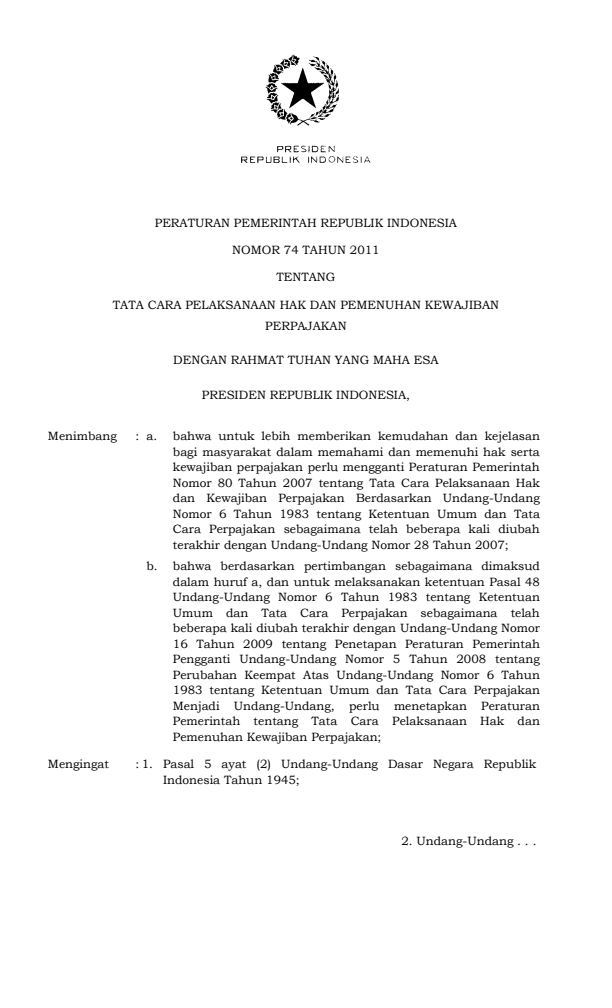 Peraturan Pemerintah Nomor 74 Tahun 2011