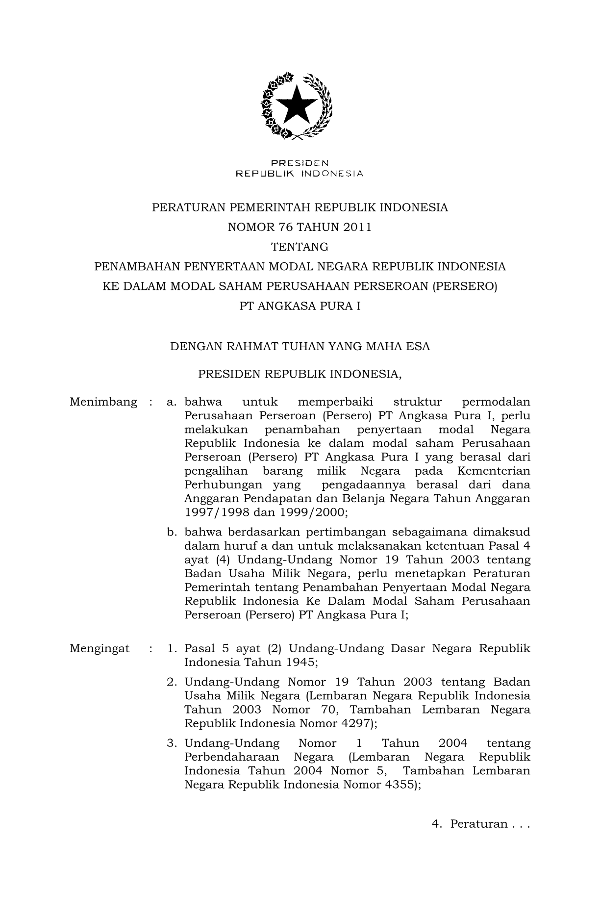 Peraturan Pemerintah Nomor 76 Tahun 2011