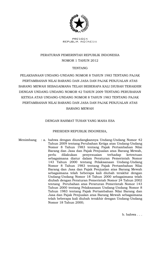 Peraturan Pemerintah Nomor 1 Tahun 2012