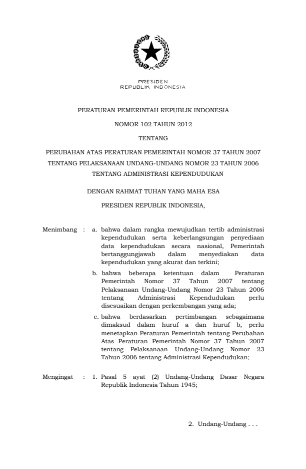 Peraturan Pemerintah Nomor 102 Tahun 2012