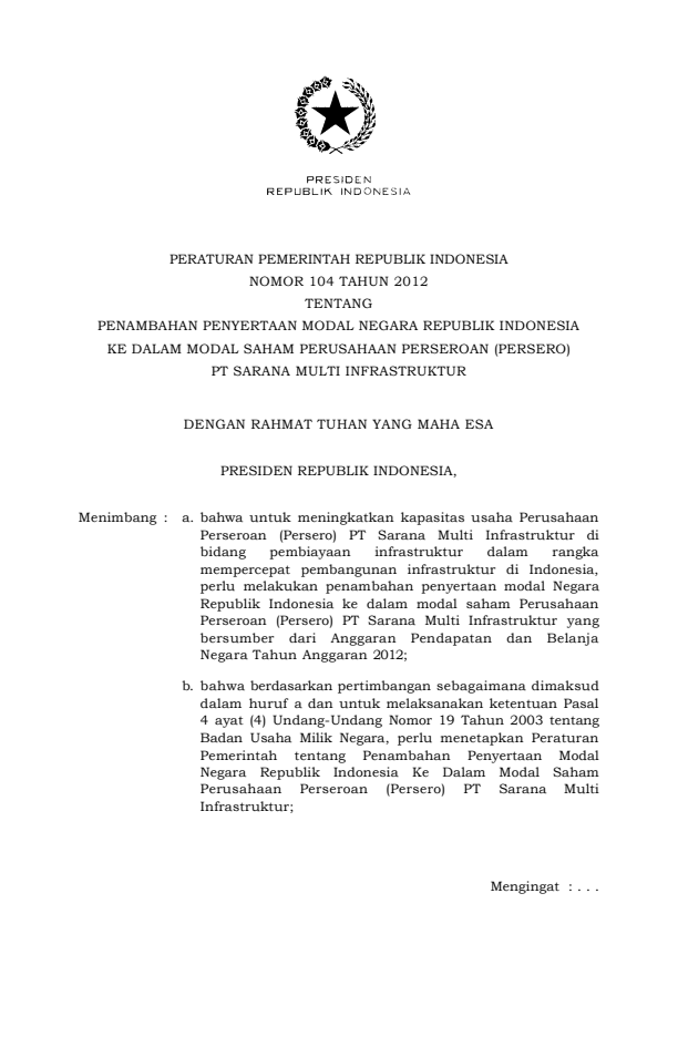 Peraturan Pemerintah Nomor 104 Tahun 2012