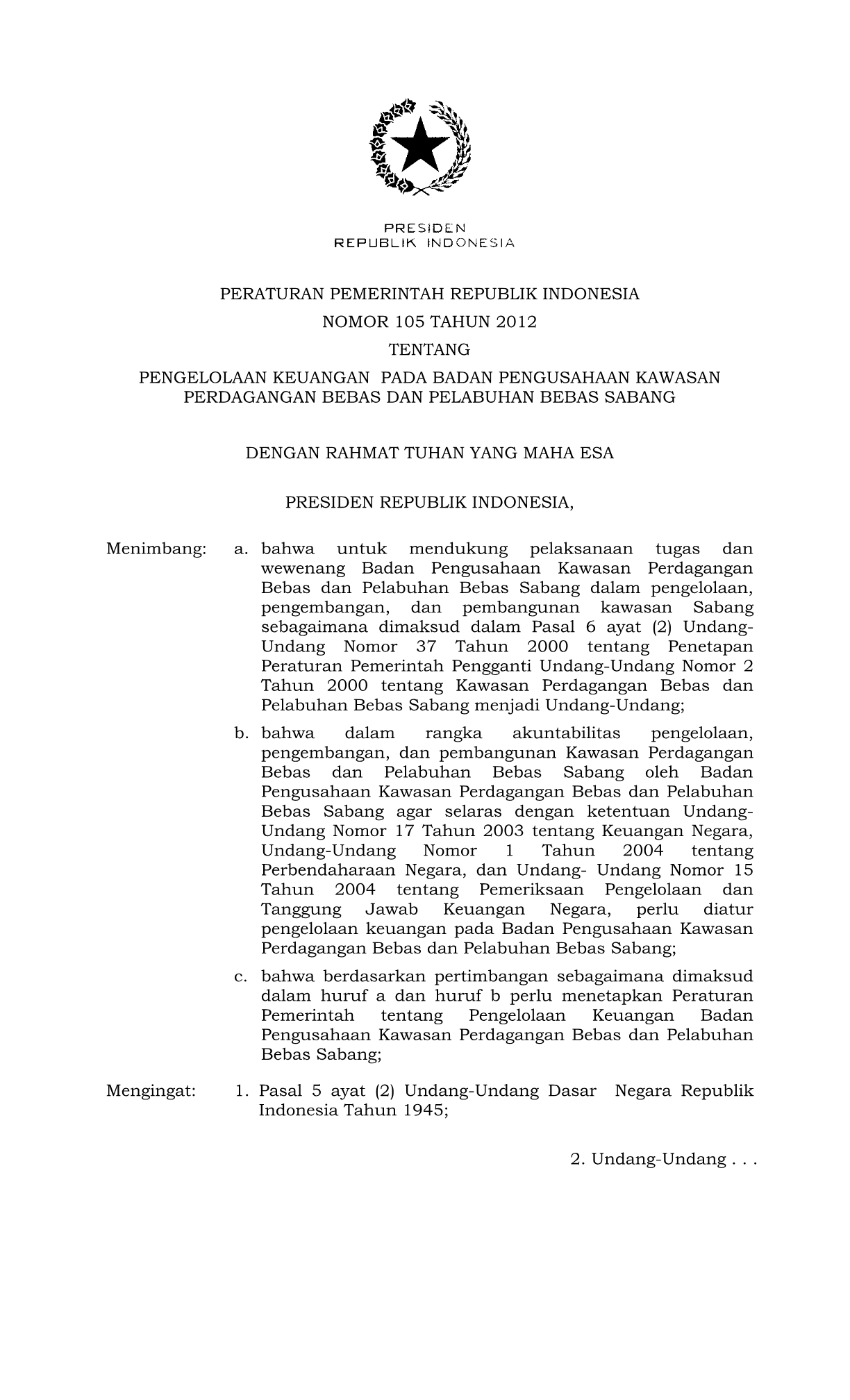 Peraturan Pemerintah Nomor 105 Tahun 2012