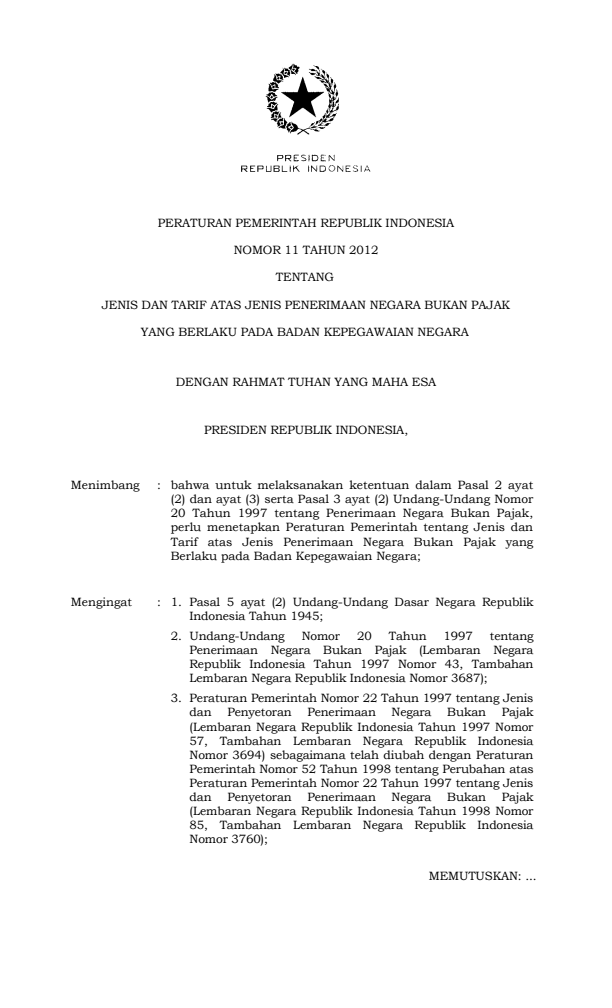 Peraturan Pemerintah Nomor 11 Tahun 2012