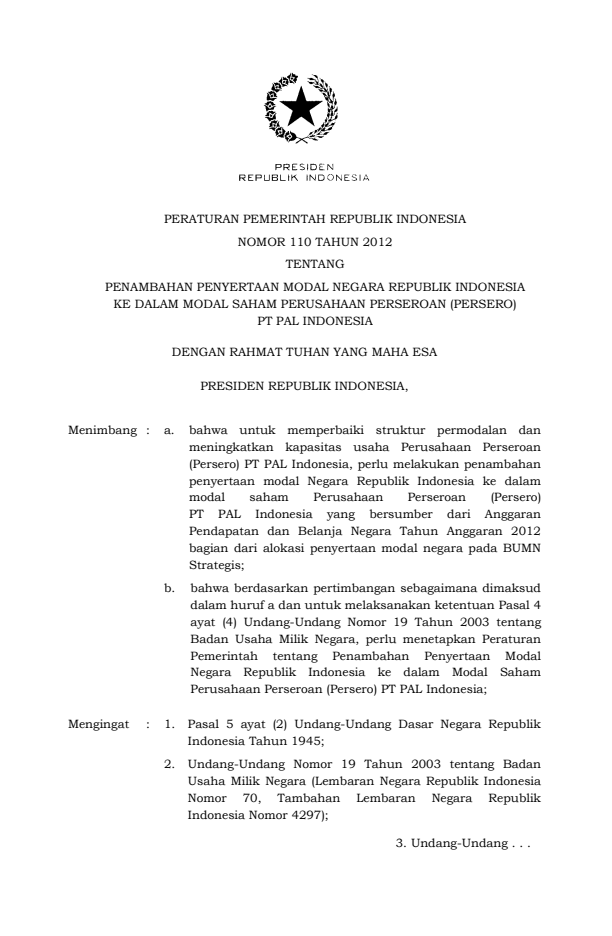 Peraturan Pemerintah Nomor 110 Tahun 2012