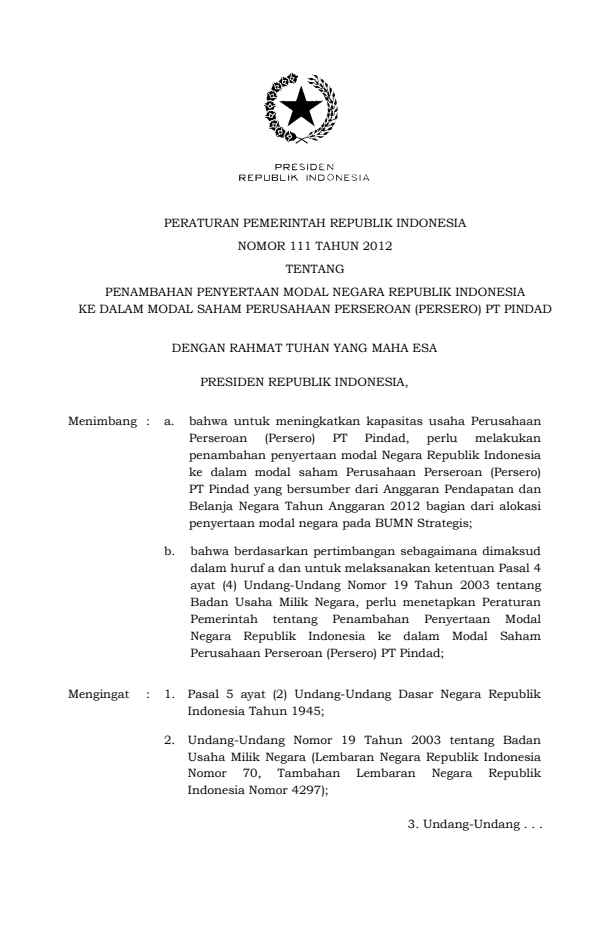 Peraturan Pemerintah Nomor 111 Tahun 2012