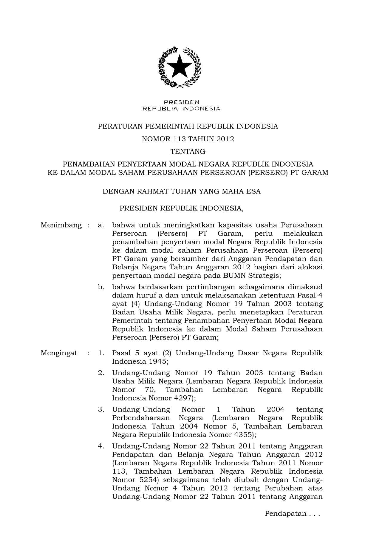 Peraturan Pemerintah Nomor 113 Tahun 2012