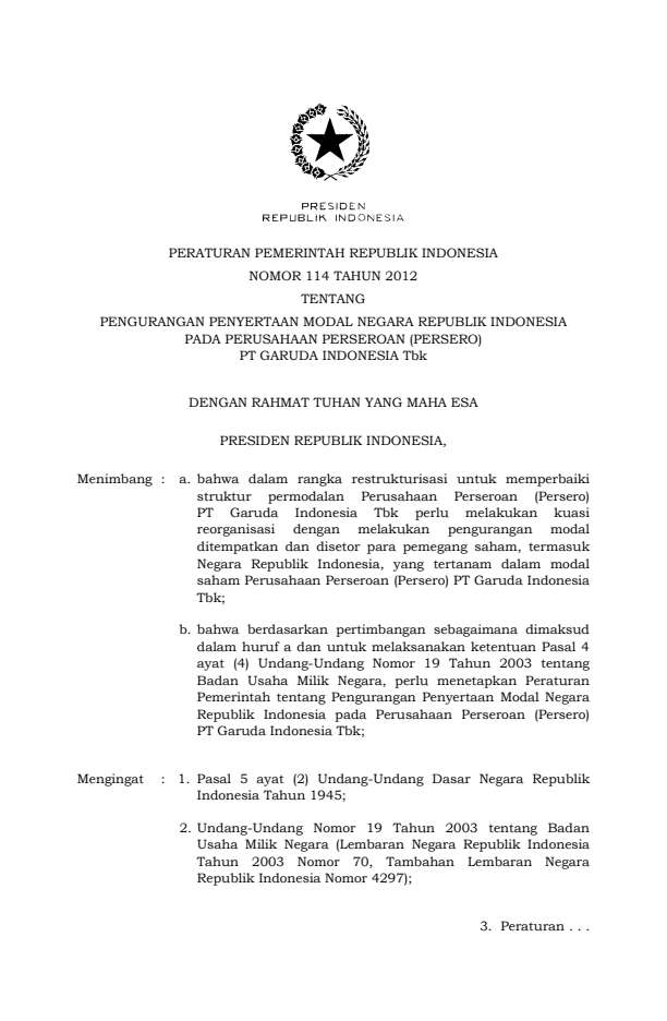 Peraturan Pemerintah Nomor 114 Tahun 2012