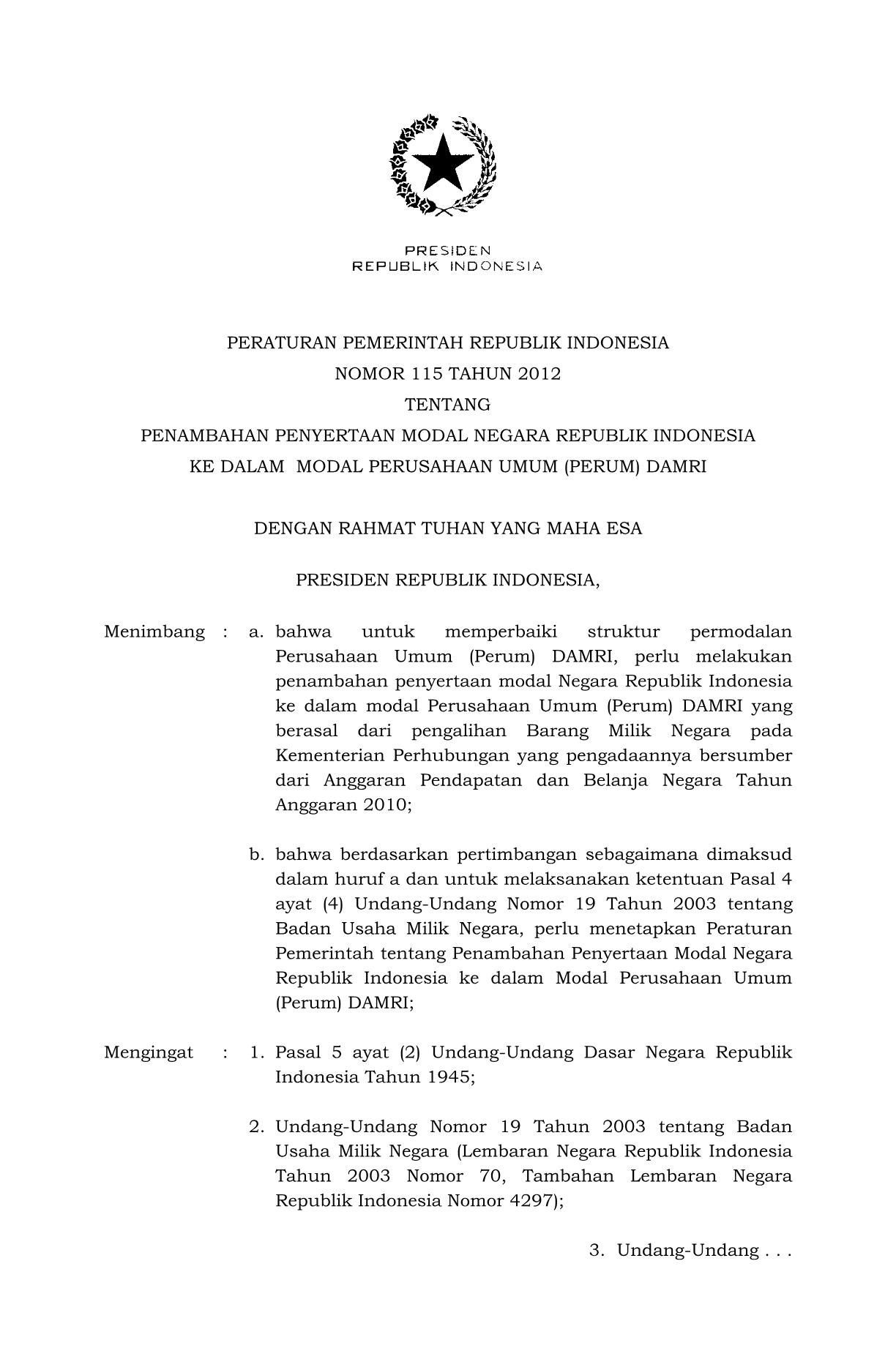 Peraturan Pemerintah Nomor 115 Tahun 2012