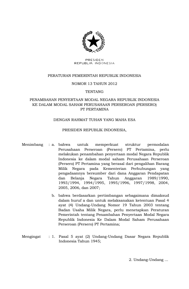 Peraturan Pemerintah Nomor 13 Tahun 2012