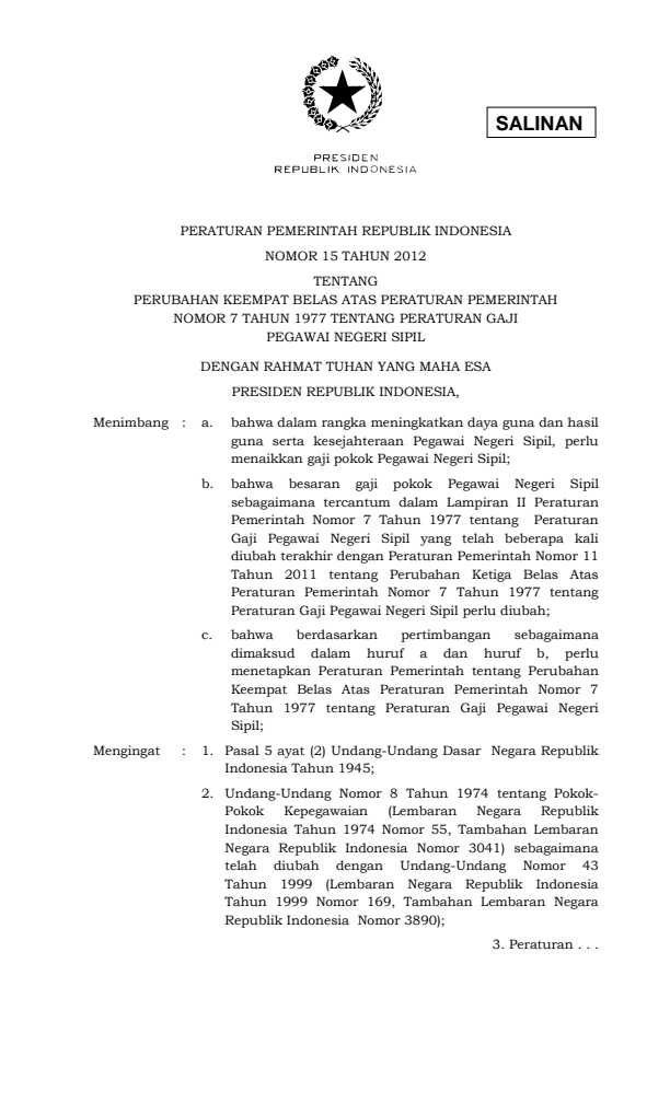 Peraturan Pemerintah Nomor 15 Tahun 2012