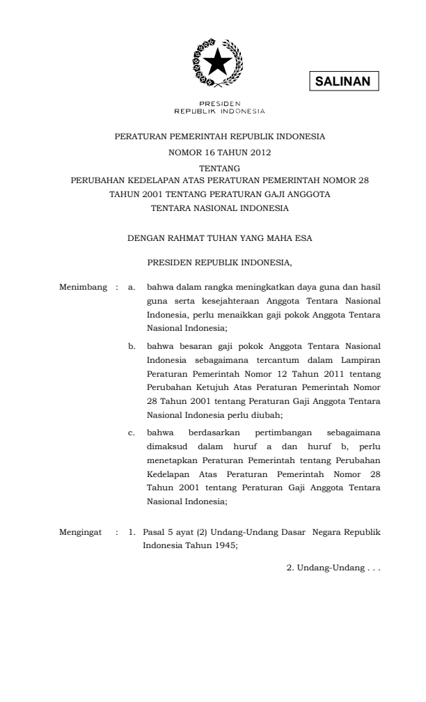 Peraturan Pemerintah Nomor 16 Tahun 2012