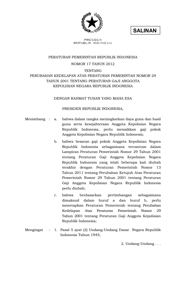 Peraturan Pemerintah Nomor 17 Tahun 2012