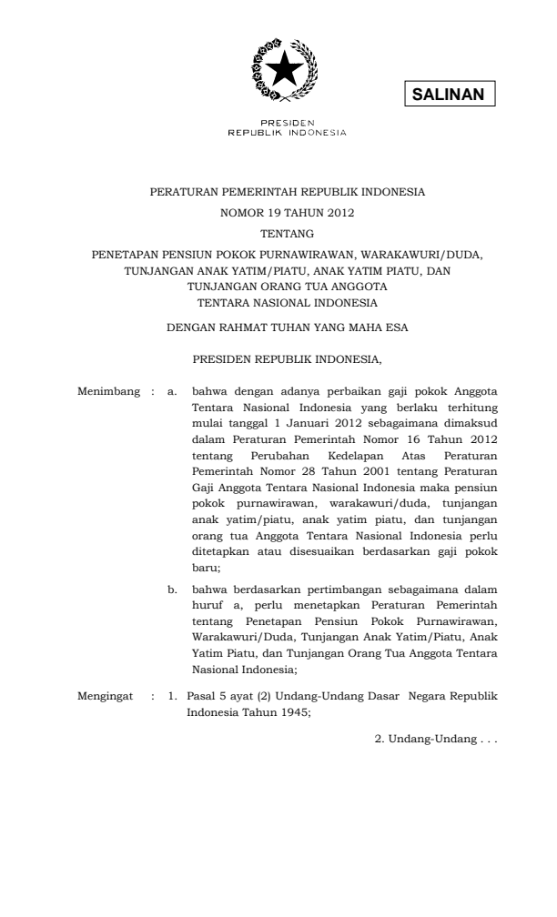 Peraturan Pemerintah Nomor 19 Tahun 2012