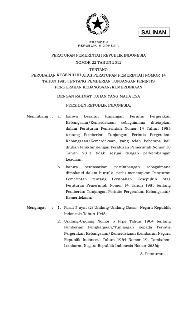 Peraturan Pemerintah Nomor 22 Tahun 2012