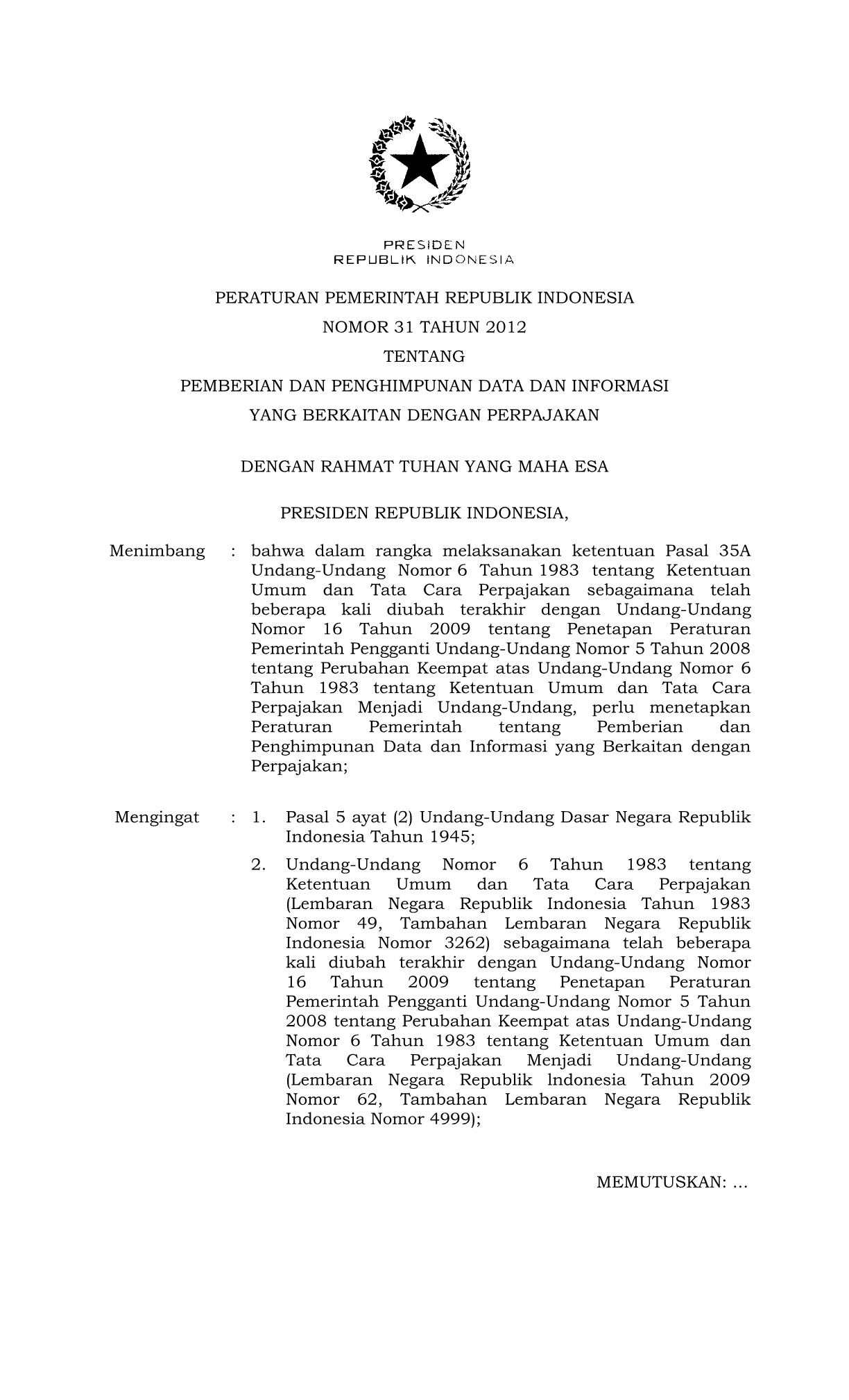 Peraturan Pemerintah Nomor 31 Tahun 2012