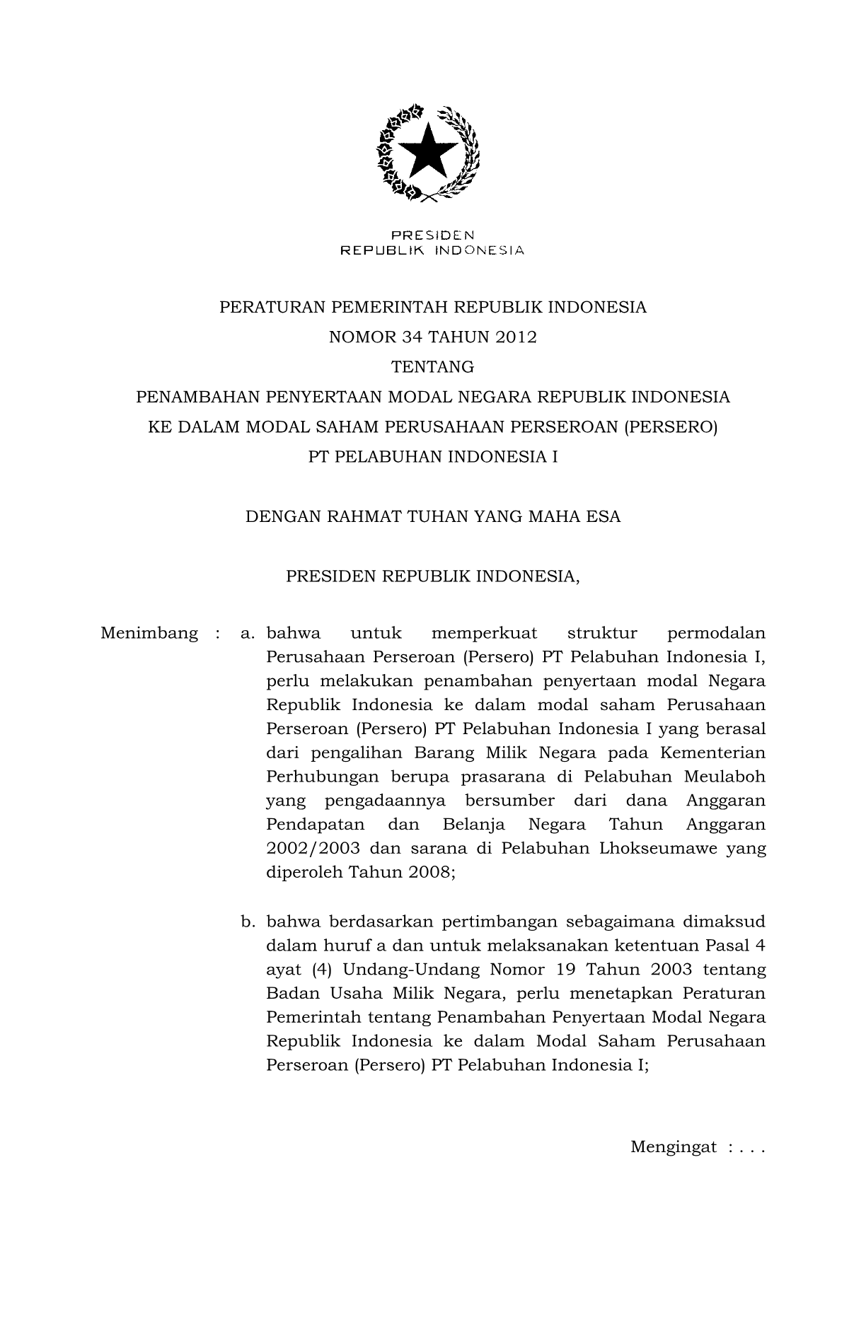 Peraturan Pemerintah Nomor 34 Tahun 2012