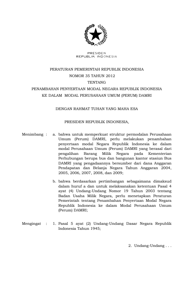 Peraturan Pemerintah Nomor 35 Tahun 2012