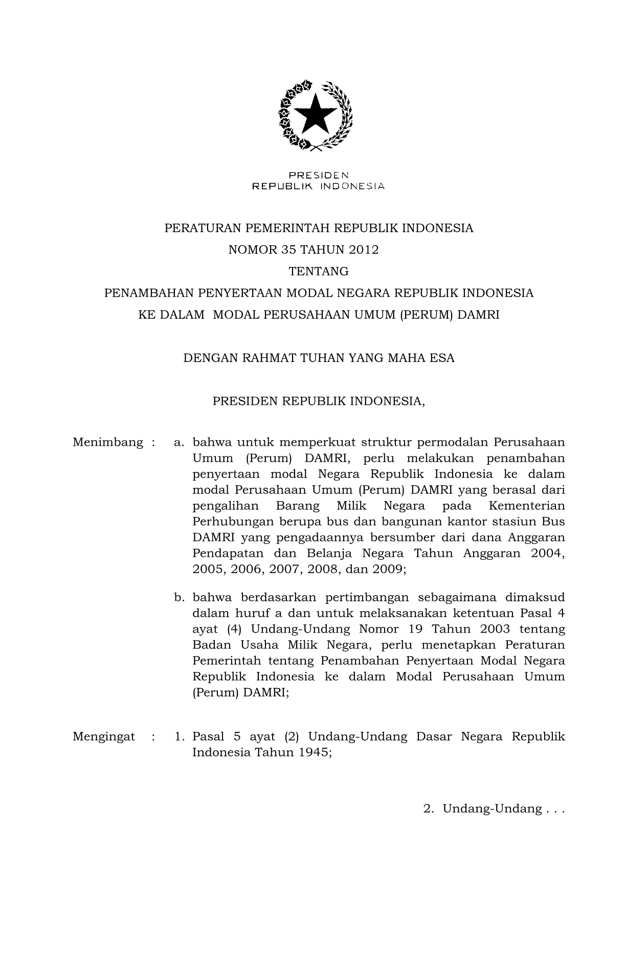 Peraturan Pemerintah Nomor 35 Tahun 2012