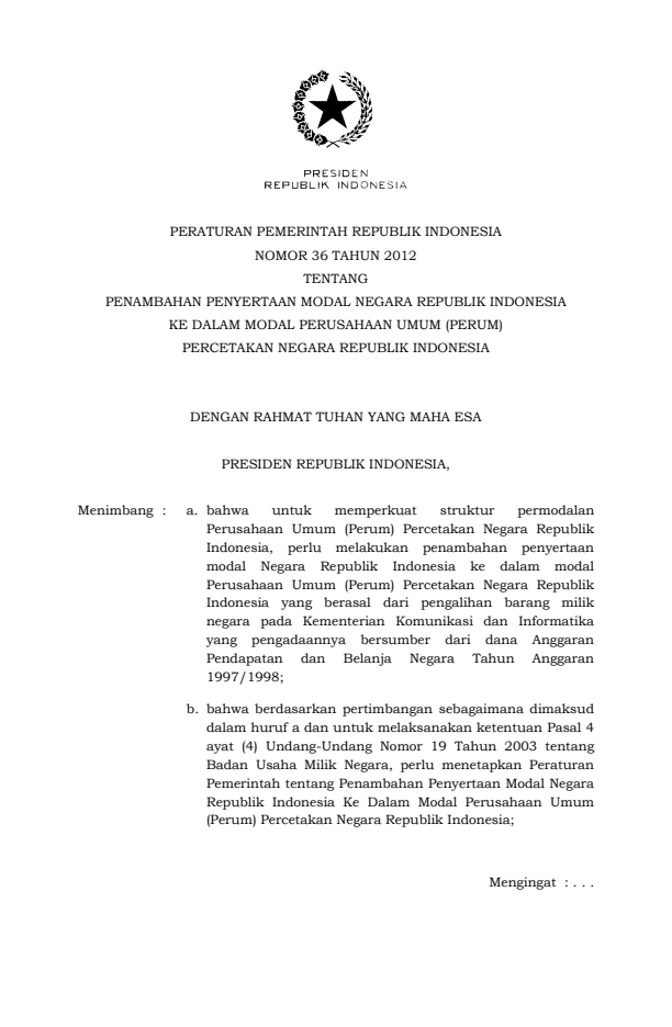 Peraturan Pemerintah Nomor 36 Tahun 2012