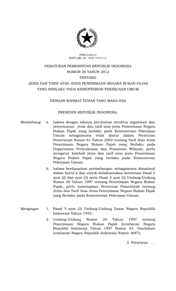 Peraturan Pemerintah Nomor 38 Tahun 2012