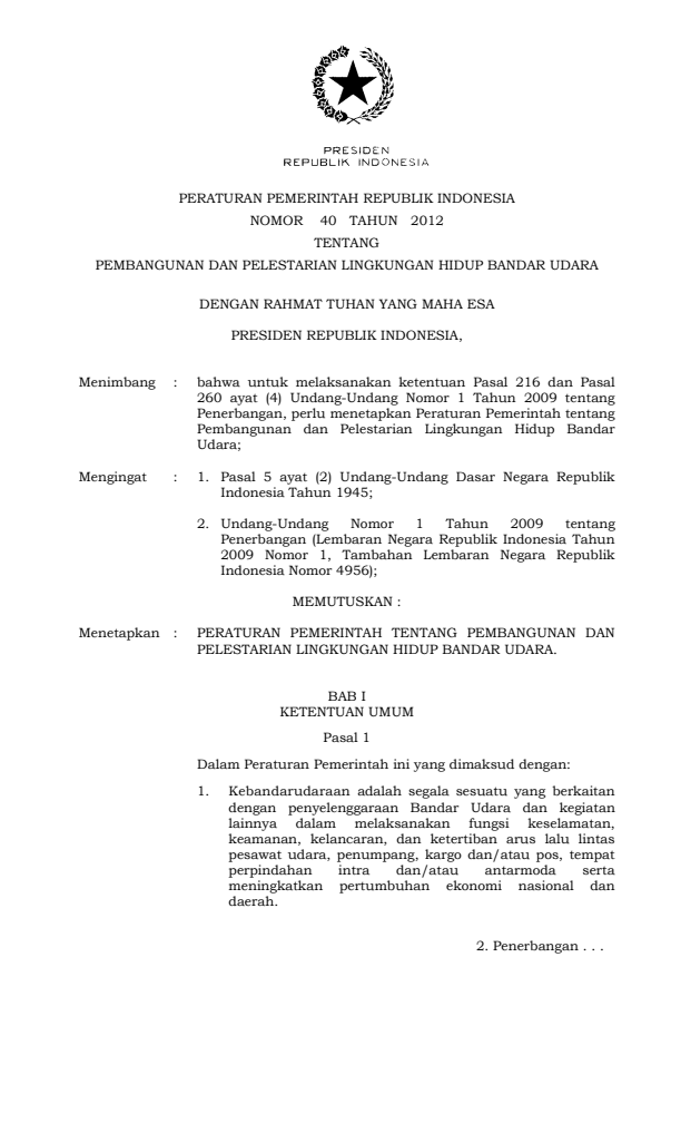 Peraturan Pemerintah Nomor 40 Tahun 2012