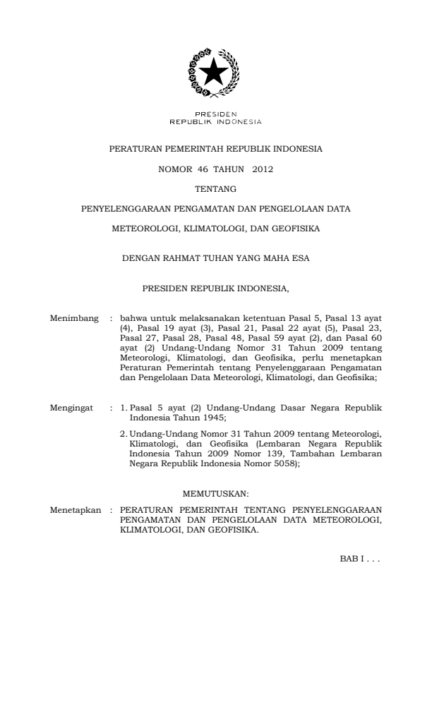 Peraturan Pemerintah Nomor 46 Tahun 2012