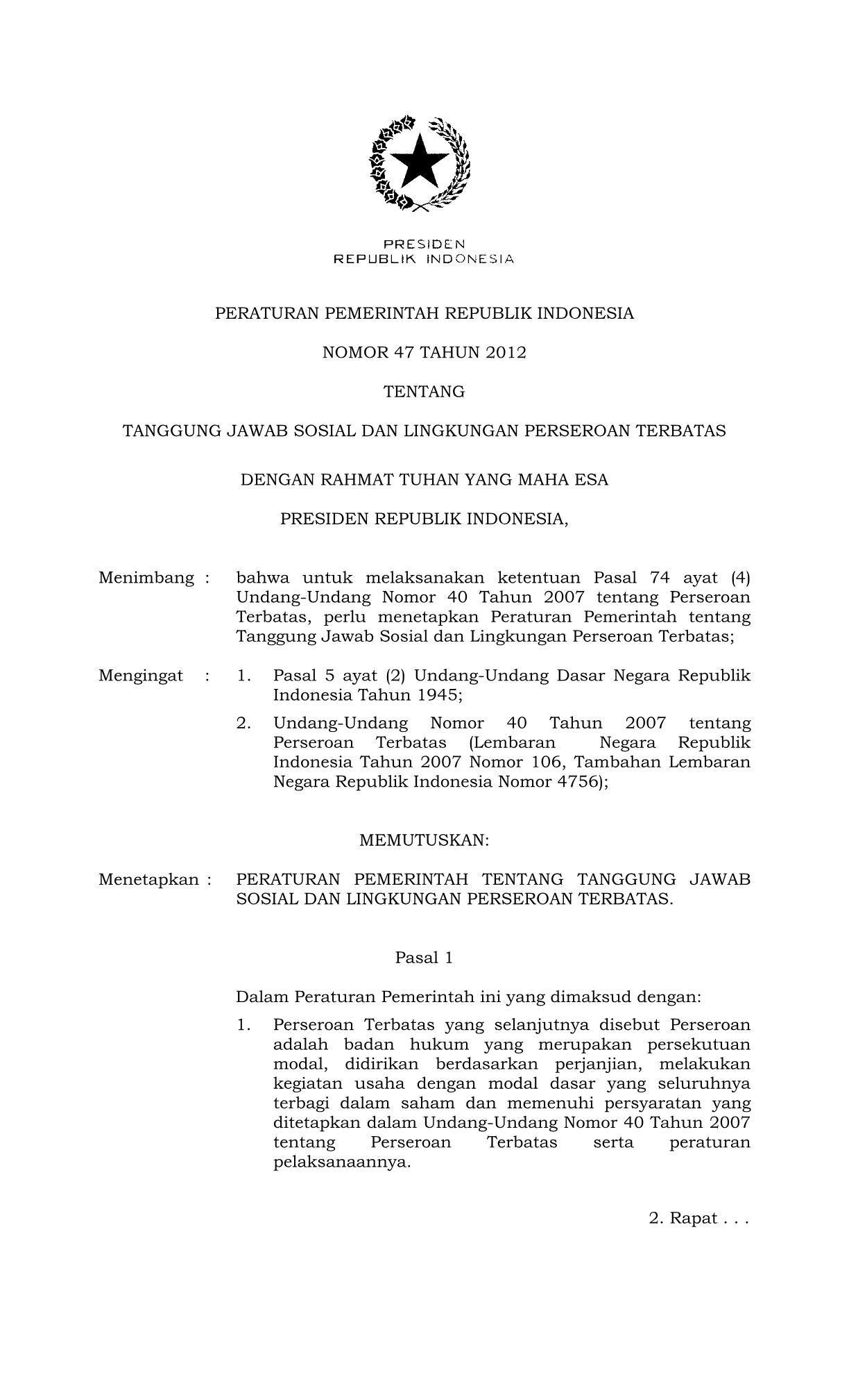Peraturan Pemerintah Nomor 47 Tahun 2012