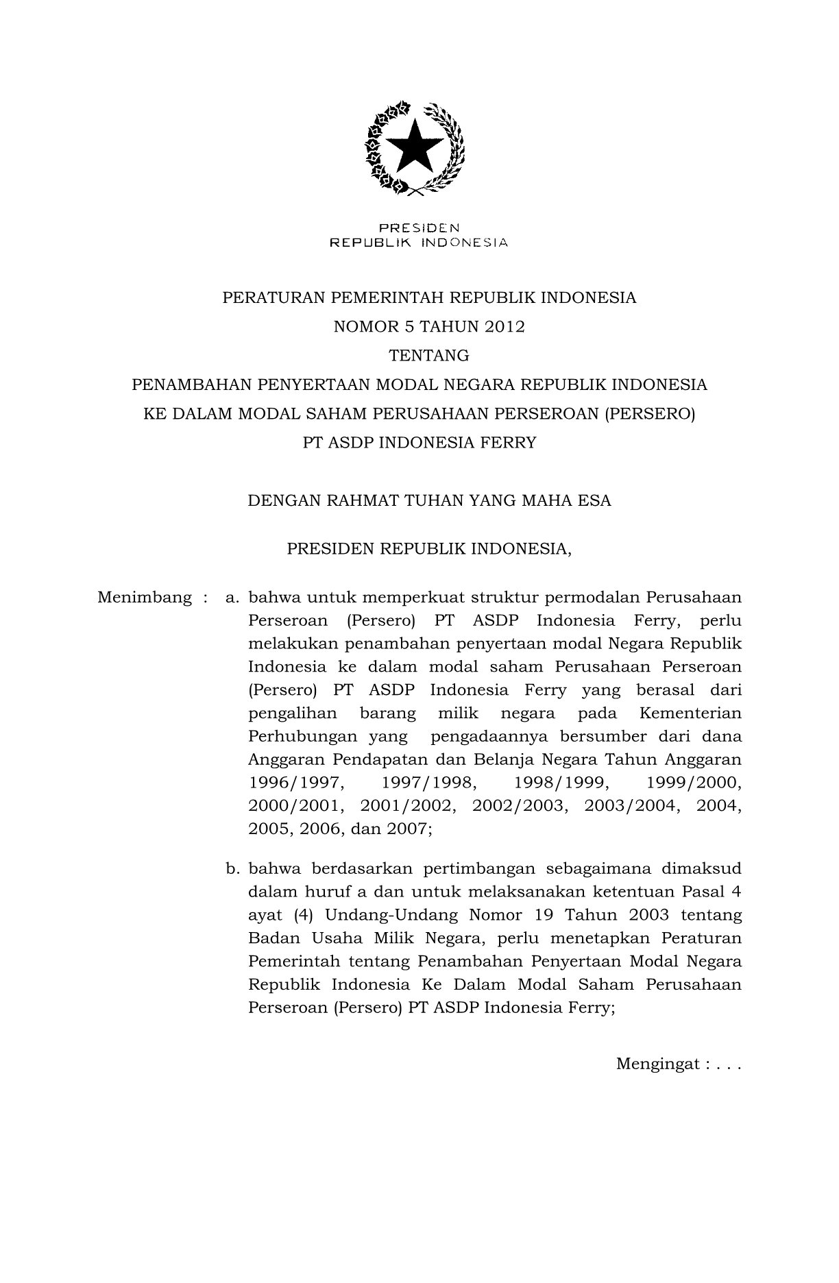 Peraturan Pemerintah Nomor 5 Tahun 2012
