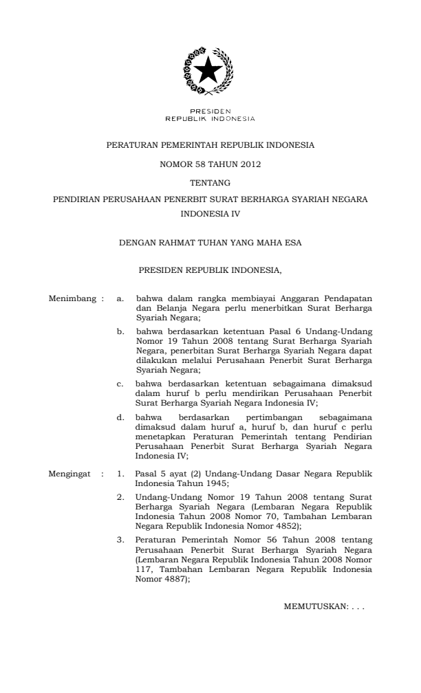 Peraturan Pemerintah Nomor 58 Tahun 2012