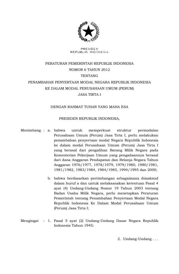 Peraturan Pemerintah Nomor 6 Tahun 2012