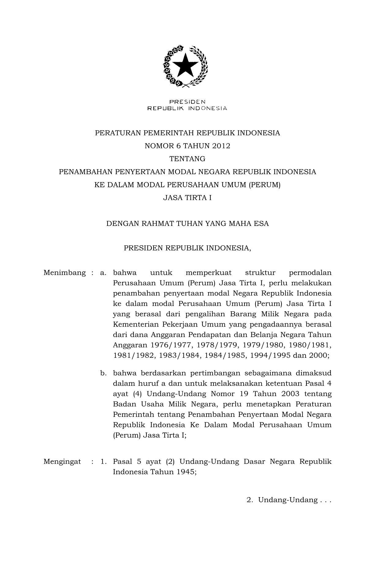 Peraturan Pemerintah Nomor 6 Tahun 2012