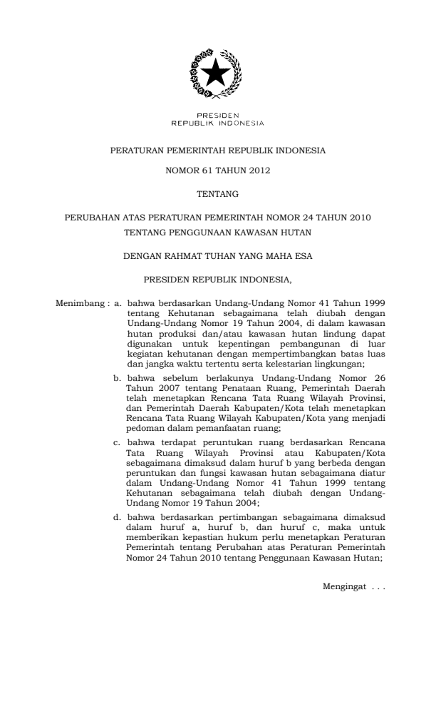 Peraturan Pemerintah Nomor 61 Tahun 2012