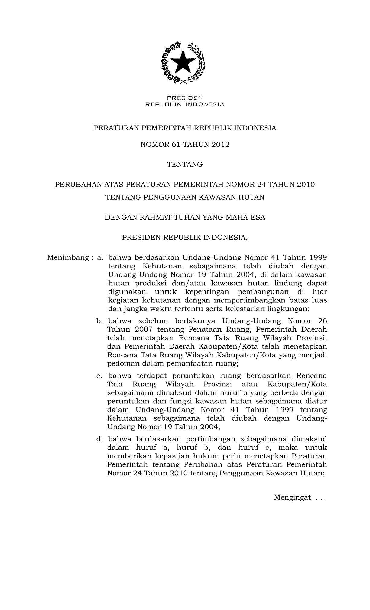 Peraturan Pemerintah Nomor 61 Tahun 2012