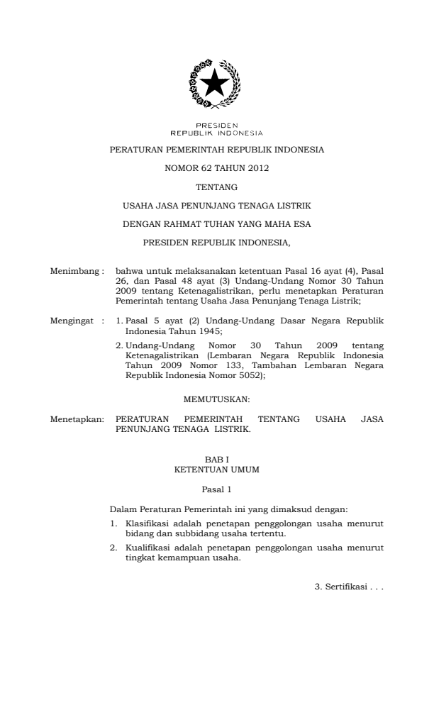 Peraturan Pemerintah Nomor 62 Tahun 2012