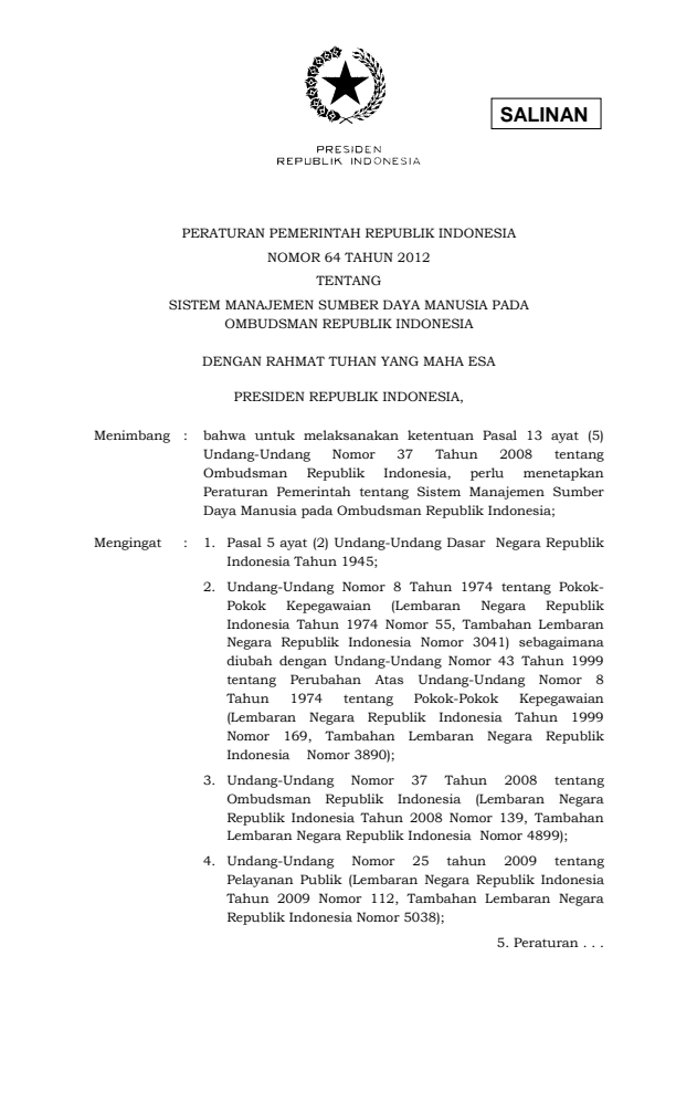 Peraturan Pemerintah Nomor 64 Tahun 2012