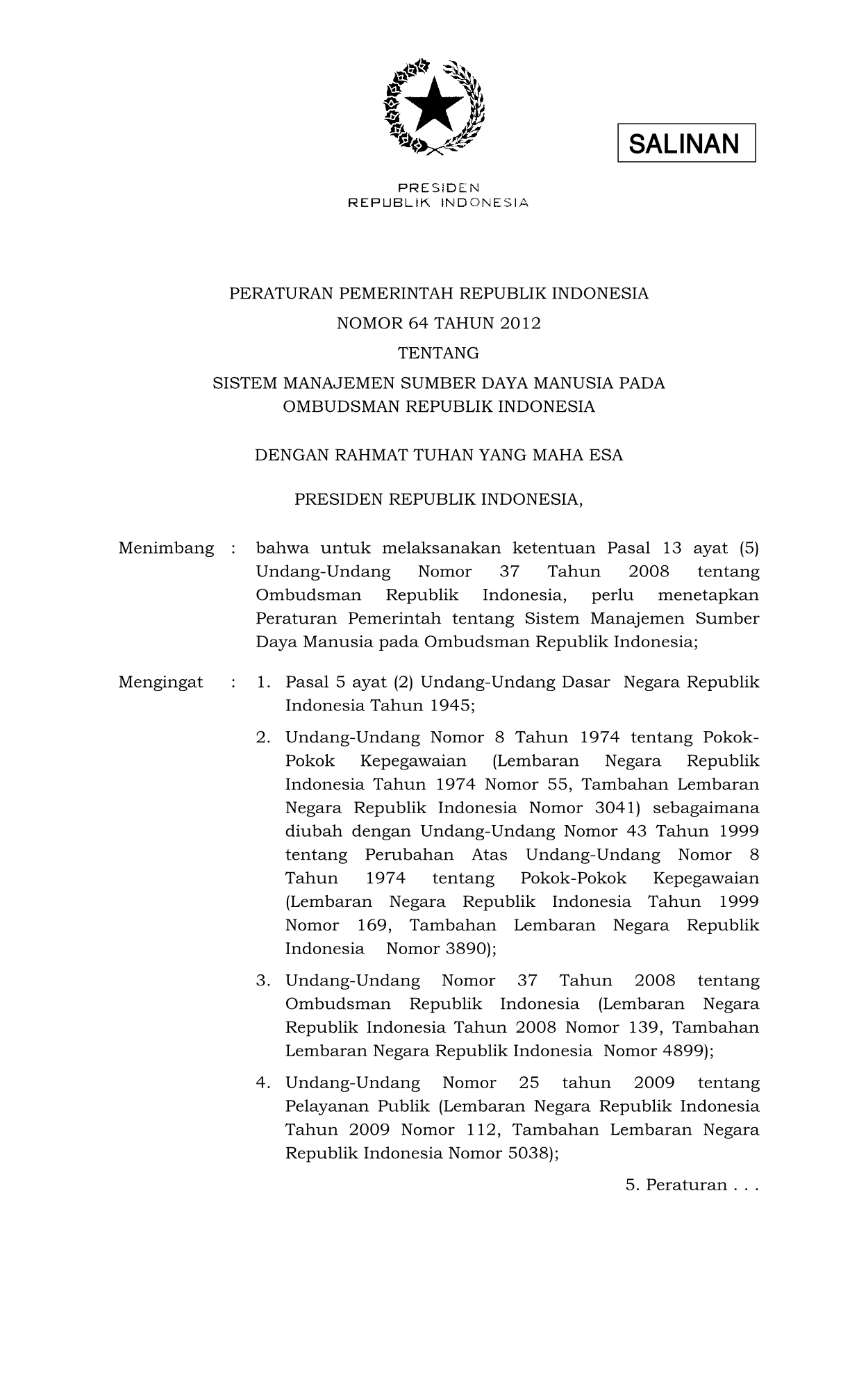 Peraturan Pemerintah Nomor 64 Tahun 2012