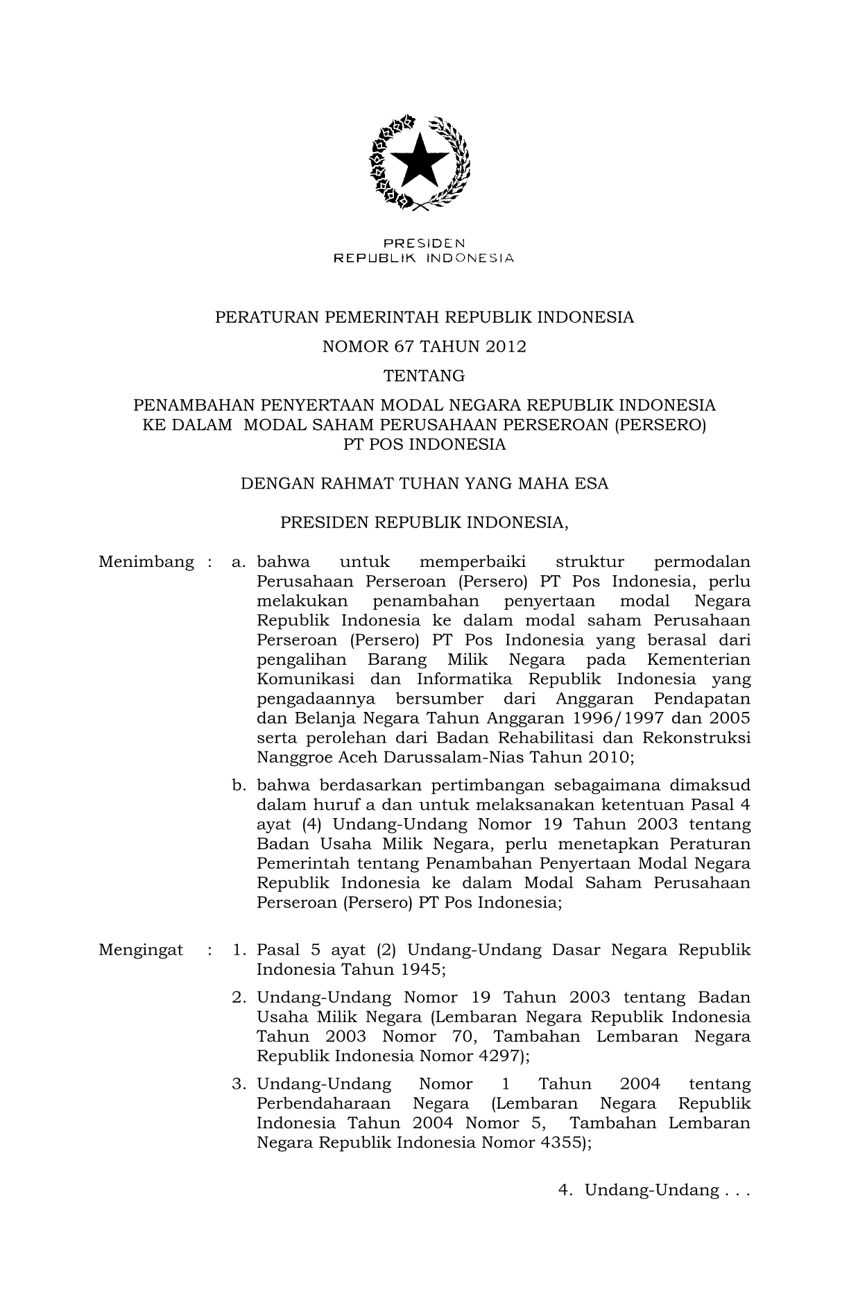 Peraturan Pemerintah Nomor 67 Tahun 2012