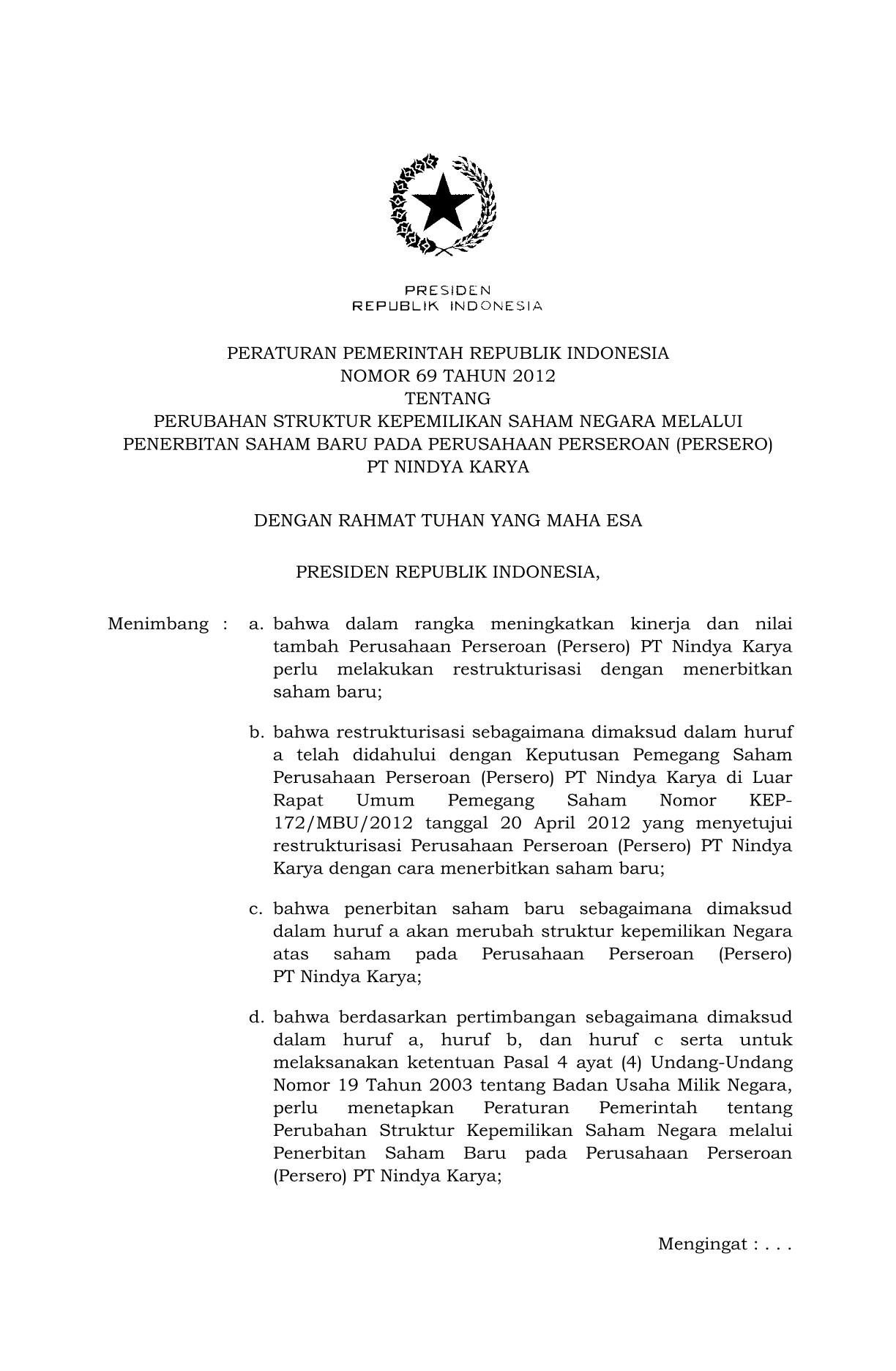 Peraturan Pemerintah Nomor 69 Tahun 2012