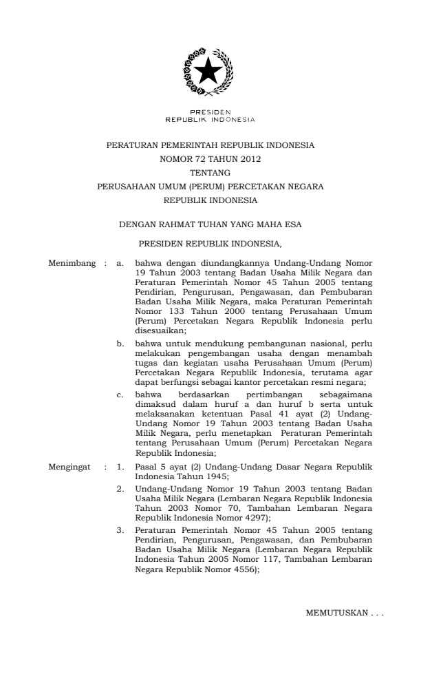 Peraturan Pemerintah Nomor 72 Tahun 2012