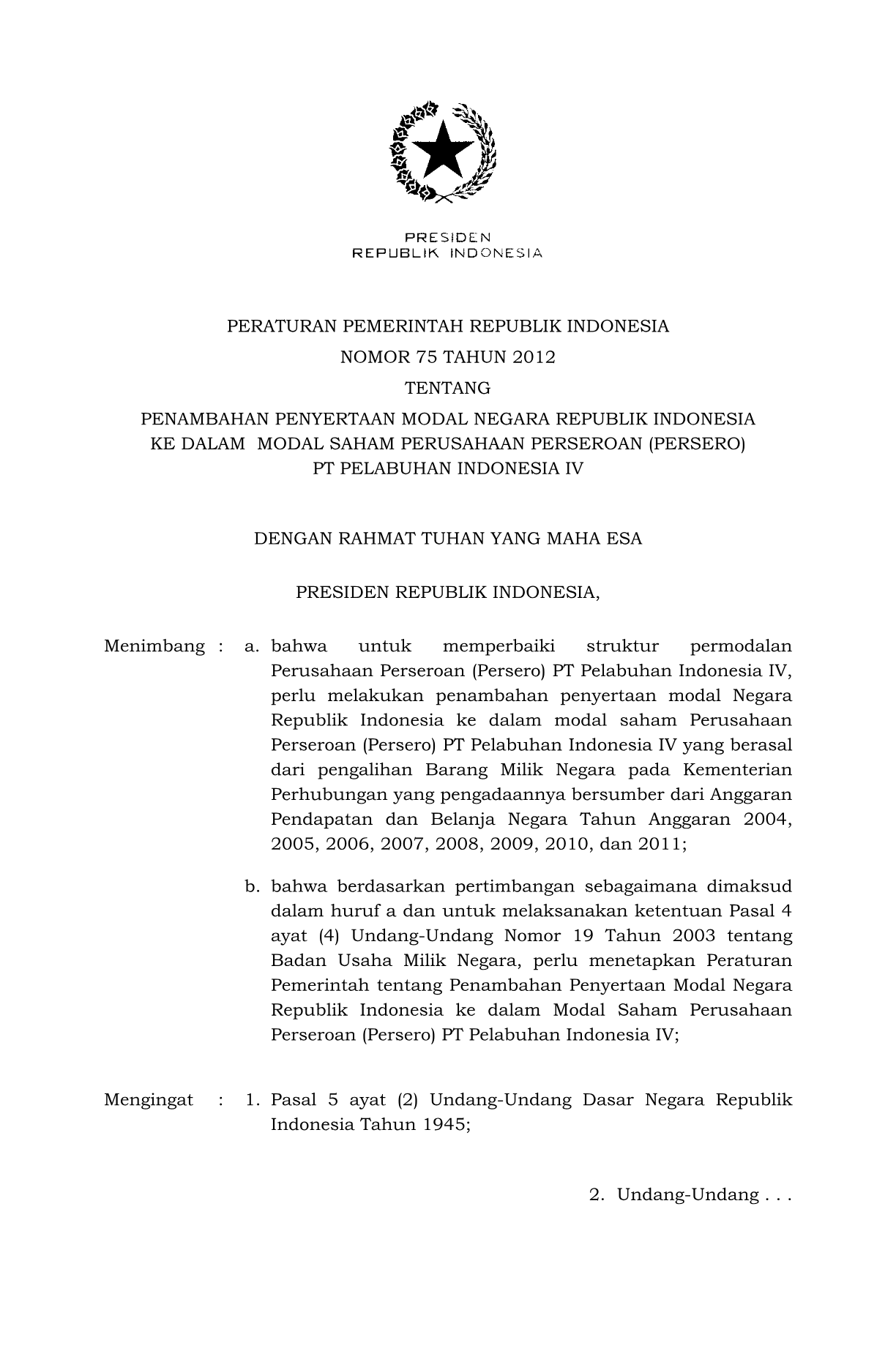 Peraturan Pemerintah Nomor 75 Tahun 2012