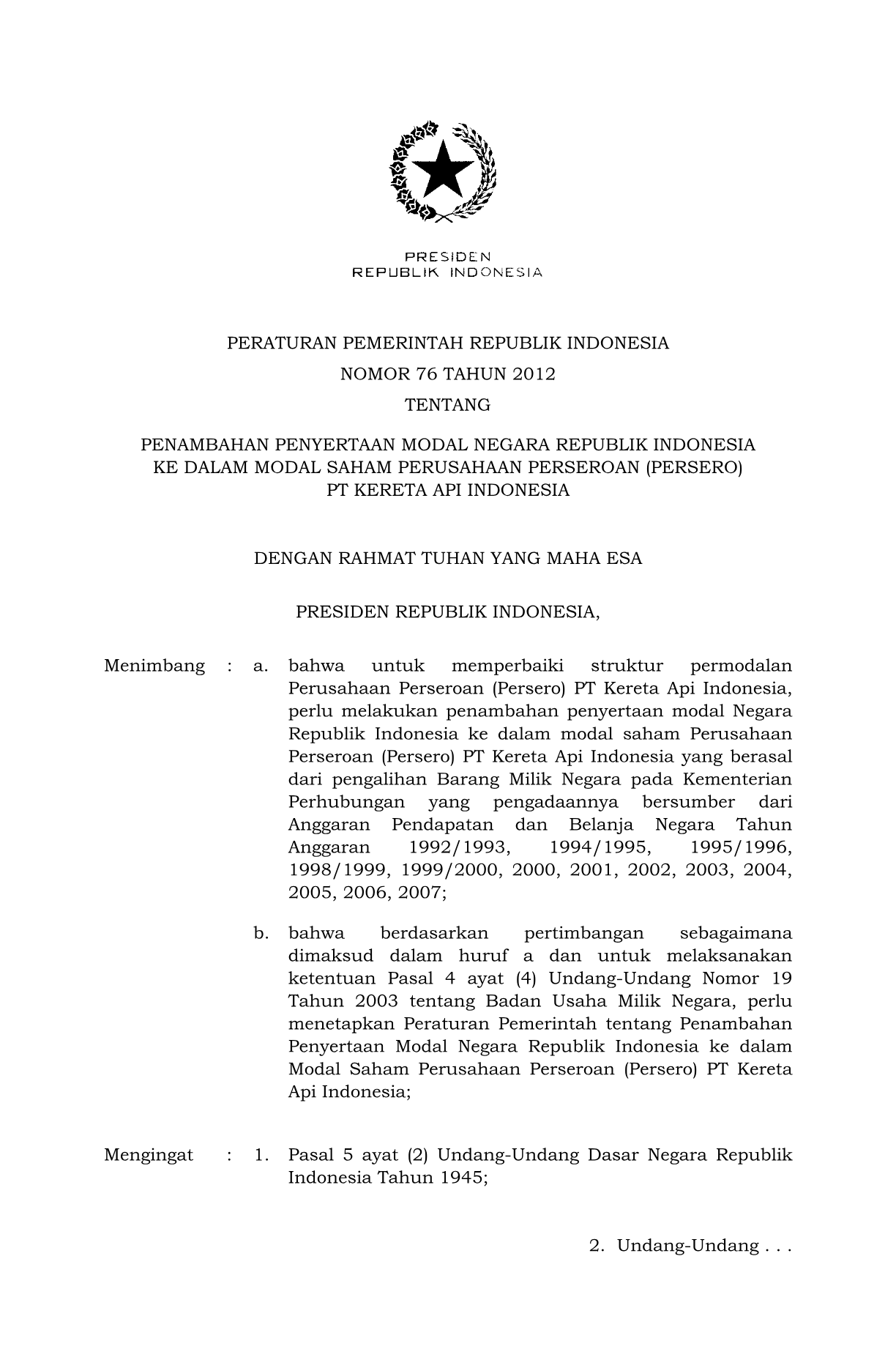 Peraturan Pemerintah Nomor 76 Tahun 2012