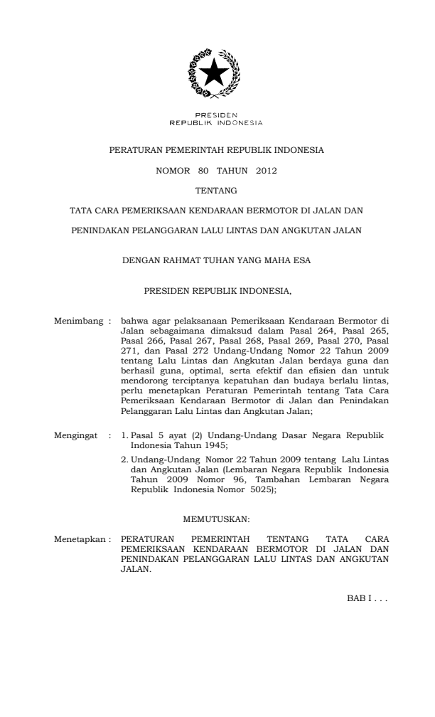 Peraturan Pemerintah Nomor 80 Tahun 2012