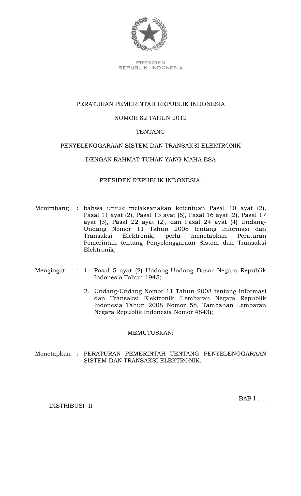 Peraturan Pemerintah Nomor 82 Tahun 2012