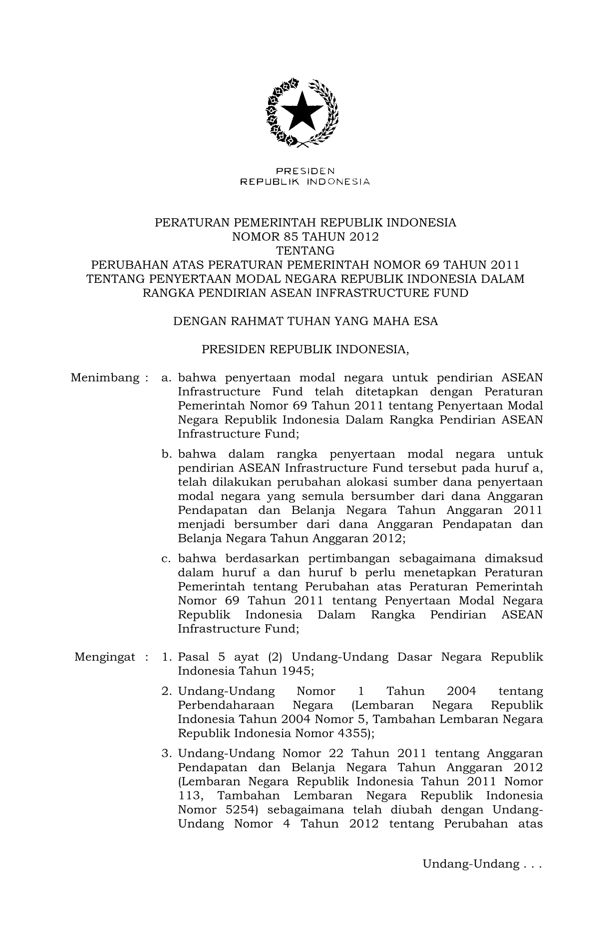 Peraturan Pemerintah Nomor 85 Tahun 2012