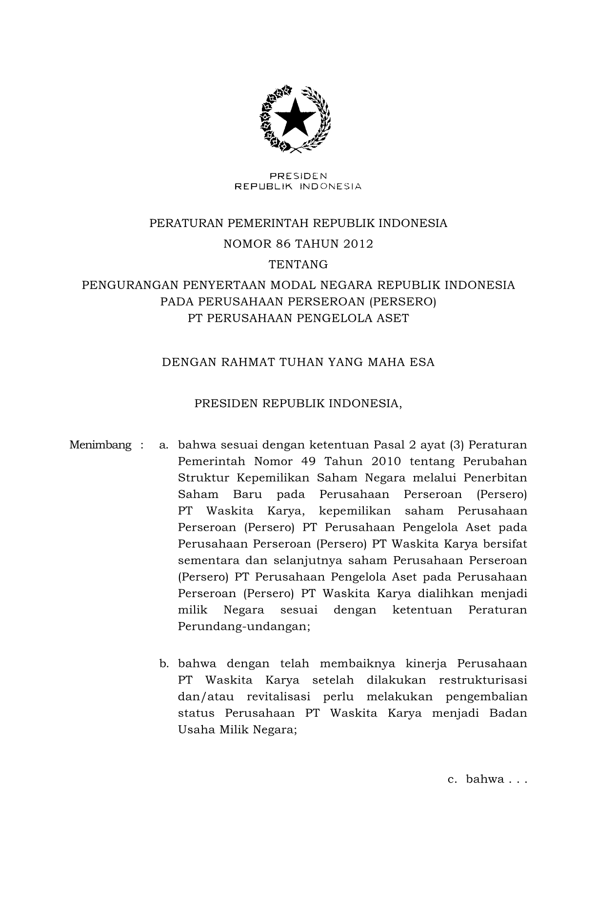Peraturan Pemerintah Nomor 86 Tahun 2012