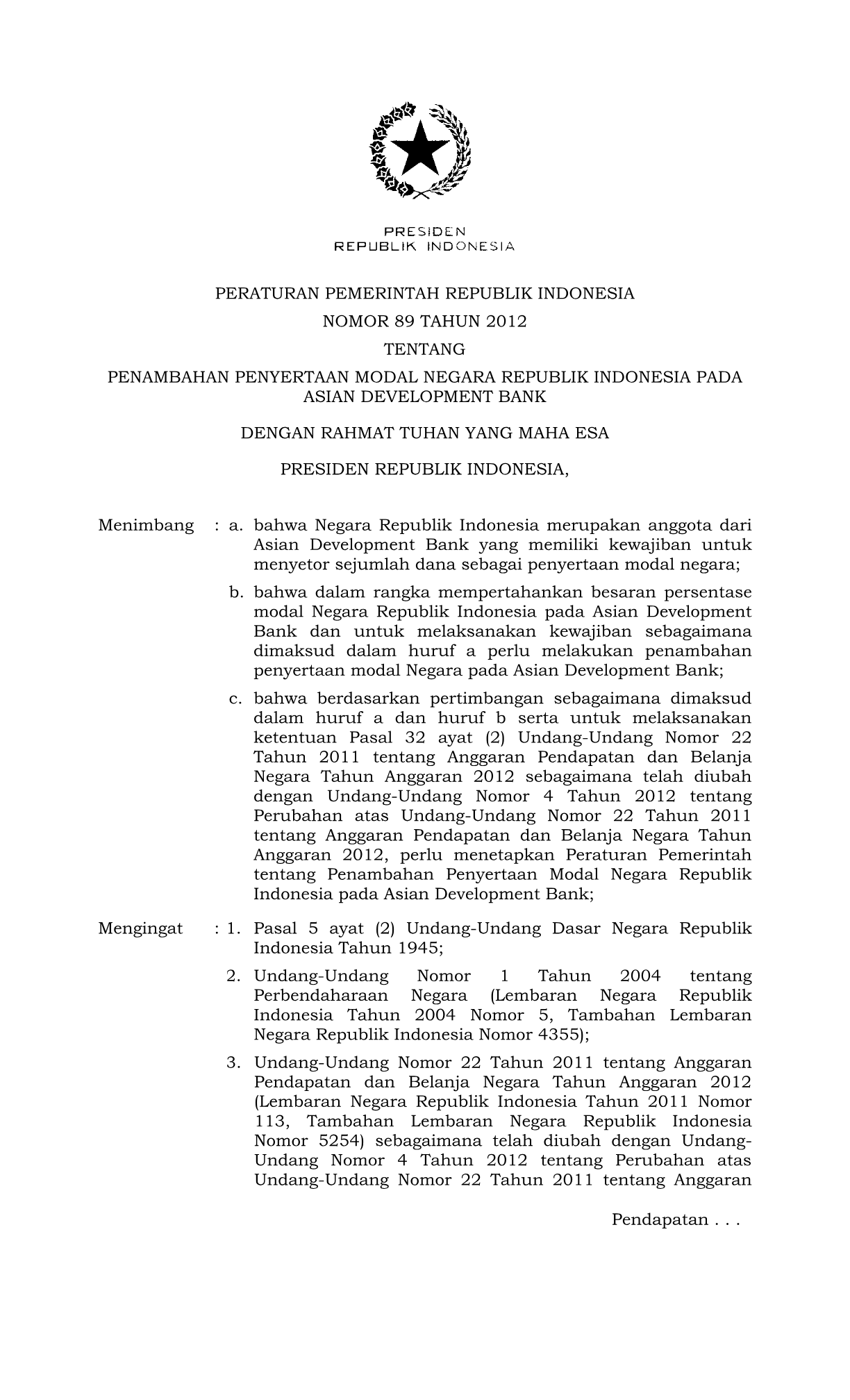 Peraturan Pemerintah Nomor 89 Tahun 2012