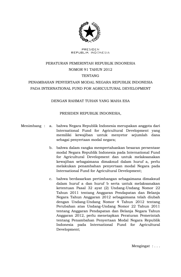 Peraturan Pemerintah Nomor 91 Tahun 2012