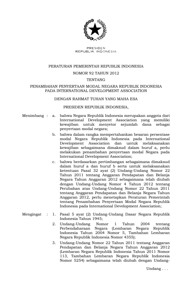 Peraturan Pemerintah Nomor 92 Tahun 2012