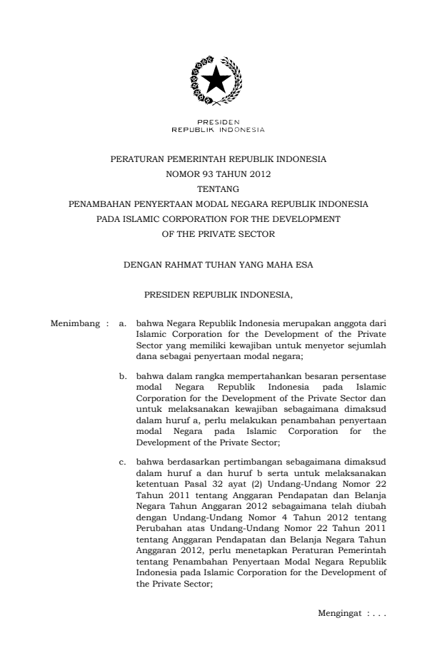 Peraturan Pemerintah Nomor 93 Tahun 2012