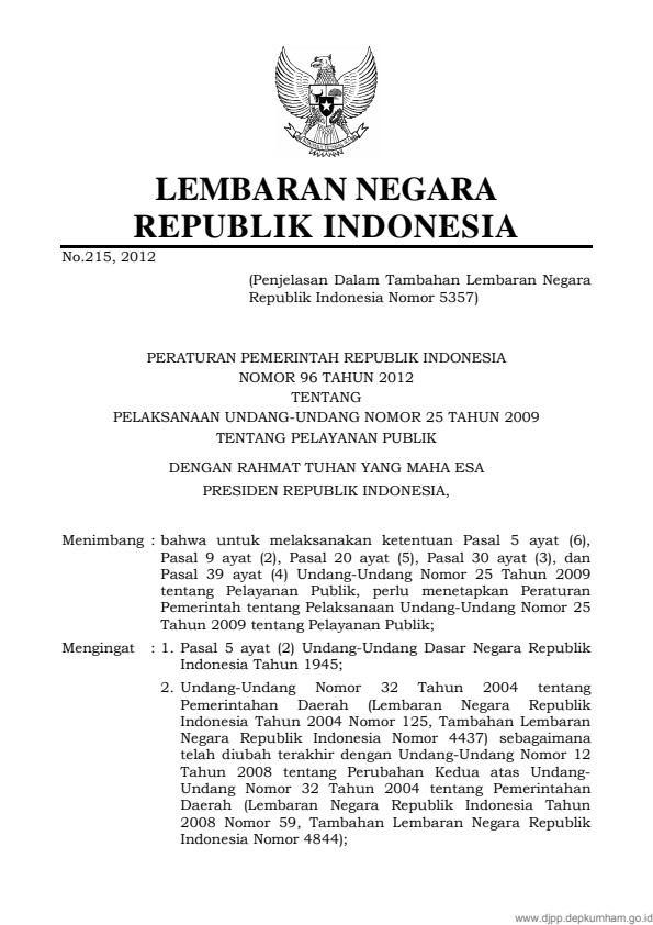 Peraturan Pemerintah Nomor 96 Tahun 2012